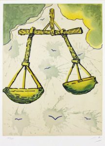 Salvador Dali ; ses peintures des signes du zodiaque : l’équilibre (…) ce point central, à égale distance duquel s’égalisent les deux plateaux du moteur et du frein, de l’élan et de la retenue, de la spontanéité et de la réflexion, de l’abandon et de la crainte, de l’appel et du recul devant la vie. (reins)