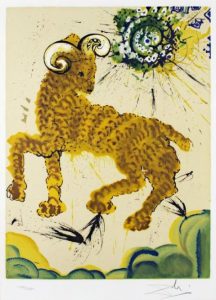 Salvador Dali ; ses peintures des signes du zodiaque : La nature s’éveille ici après l’engoudissement de l’hiver, et ce signe symbolise avant tout la poussée du printemps, donc l’impulsion, la virilité (c’est le principal signe de Mars), l’énergie, l’indépendance et le courage. (tête)