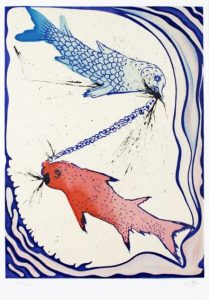 Salvador Dali ; ses peintures des signes du zodiaque : Ils symbolisent le psychisme, par lequel on communique avec le dieu ou le diable ; ce qui se traduit dans l’horoscopie par une nature manquant de consistance, très réceptive et impressionnable. (…) fusion des parties dans une totalité (…) effacement des particularismes, au profit de l’illimité, pour aller du zéro à l’infini. (pieds, extrémités)