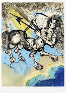 Salvador Dali ; ses peintures des signes du zodiaque : (…) il se situe avant le solstice d’hiver quand, les travaux des champs terminés, les hommes se consacrent davantage à la chasse. Symbole du mouvement, des instincts nomades, de l’indépendance et des réflexes vifs. (cuisses, foie)